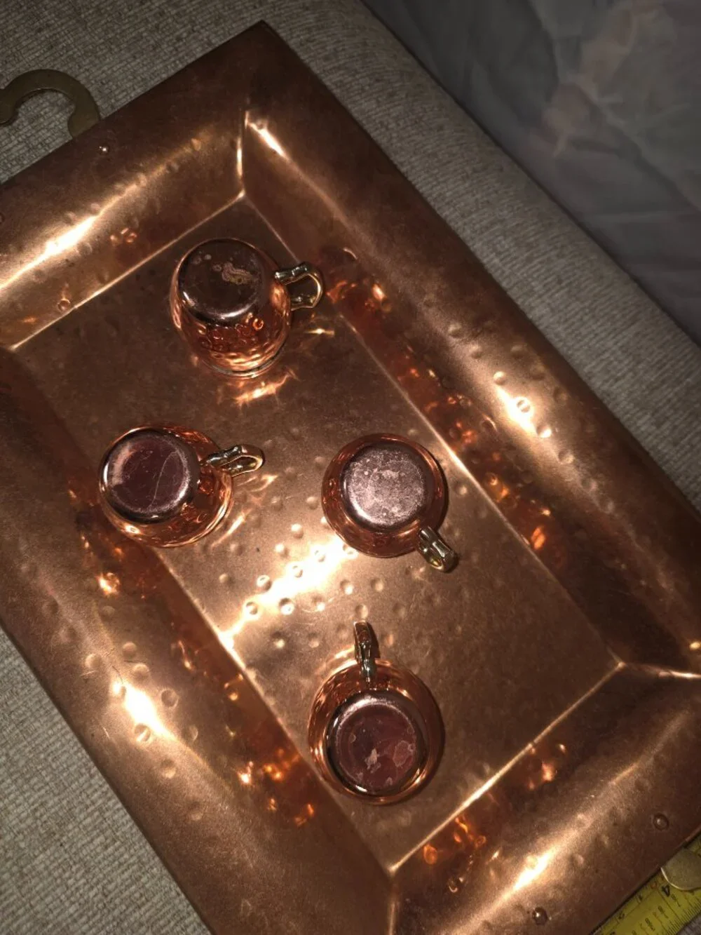 Home Essentials - hammered copper serving tray and 4 cups